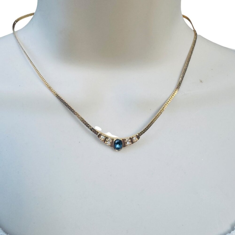 Vintage Avon 80s Blue Sapphire & Rhinestones Gold-Tone Choker Necklace - Picture 8 of 9